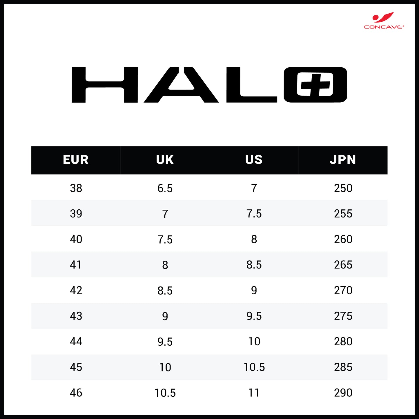 size chart sepatu bola concave